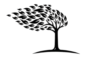 Mallard Smith, a black tree silhouette with leaves scattering into the wind
